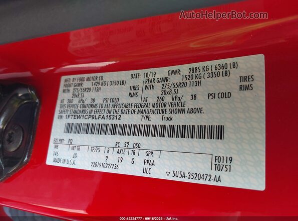 1FTEW1CP9LFA15312 2020 FORD F150 Red Շարժիչի բաժամունքի տեսք