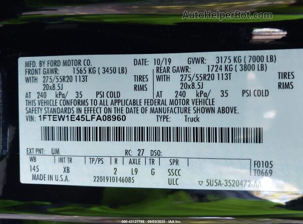 1FTEW1E45LFA08960 2020 FORD F150 Black ძრავის განყოფილების ხედი