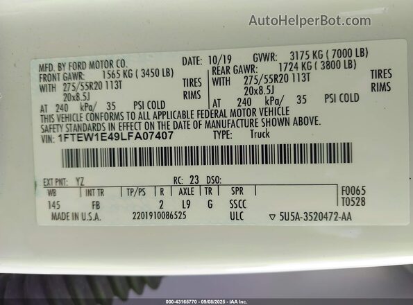 1FTEW1E49LFA07407 2020 FORD F150 White Vista del compartimento del motor