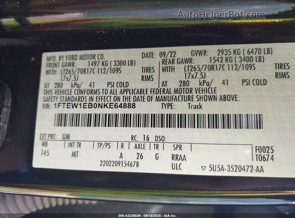 1FTEW1EB0NKE64888 2022 FORD F150 Black Widok komory silnika