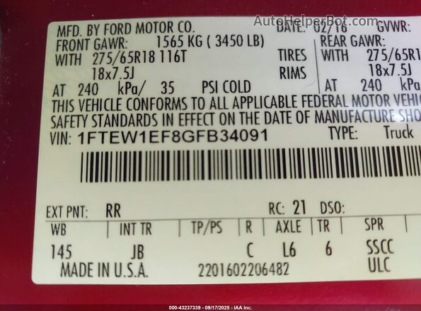 1FTEW1EF8GFB34091 2016 FORD F150 Red Vista del compartimento del motor