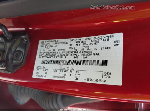 1FTEW1EG3LFC33114 2020 FORD F150 Red Շարժիչի բաժամունքի տեսք
