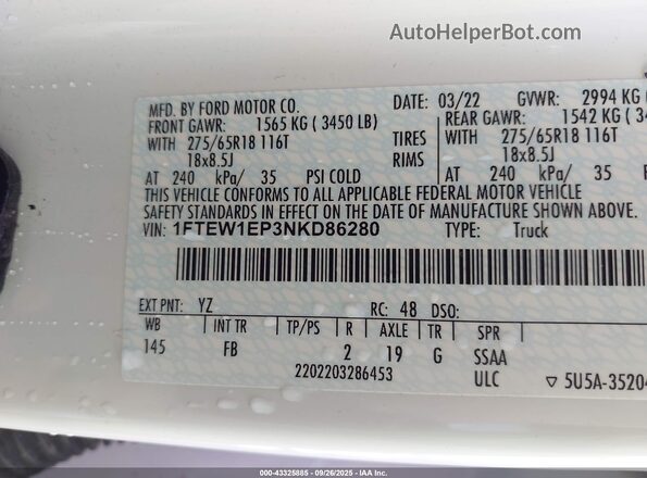1FTEW1EP3NKD86280 2022 FORD F150 Белый Вид подкапотного пространства