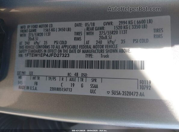1FTEW1EP4JFD27323 2018 FORD F150 Silver 