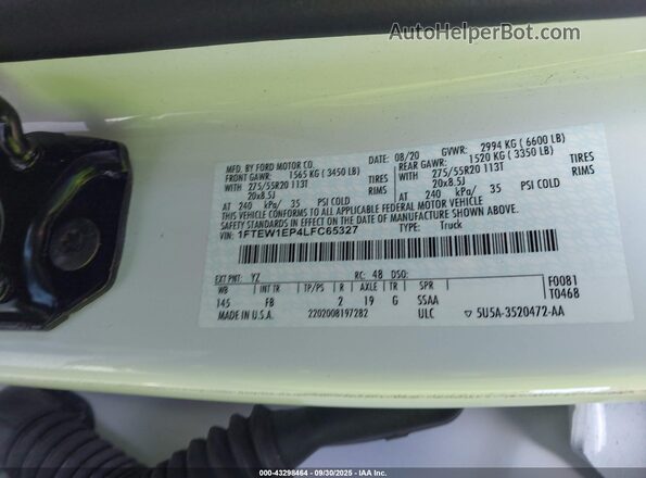 1FTEW1EP4LFC65327 2020 FORD F150 White ძრავის განყოფილების ხედი