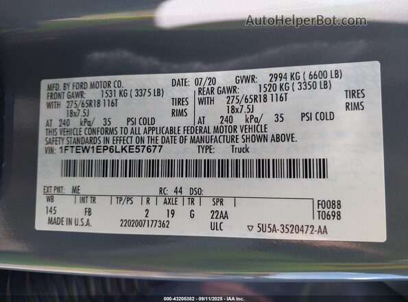 1FTEW1EP6LKE57677 2020 FORD F150 Gray Вид підкапотного простору