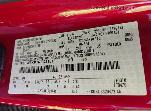 1FTEW3KP1RFC21018 2024 FORD F150 Red Widok komory silnika