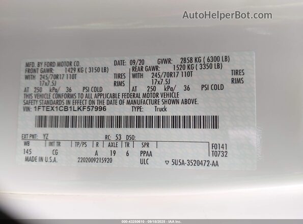 1FTEX1CB1LKF57996 2020 FORD F150 White Вид підкапотного простору