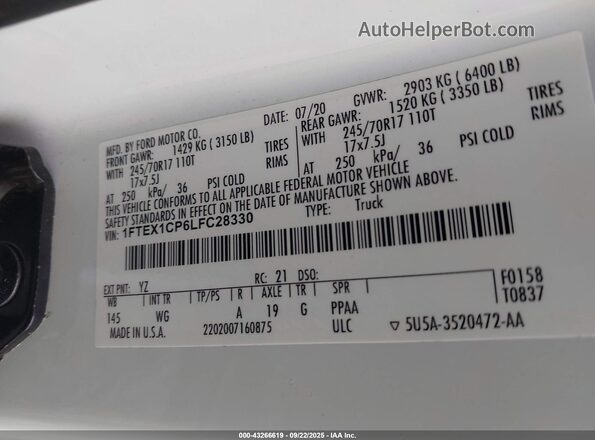1FTEX1CP6LFC28330 2020 FORD F150 White ძრავის განყოფილების ხედი