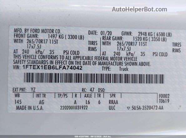 1FTEX1EB6LFA74042 2020 FORD F150 White ძრავის განყოფილების ხედი