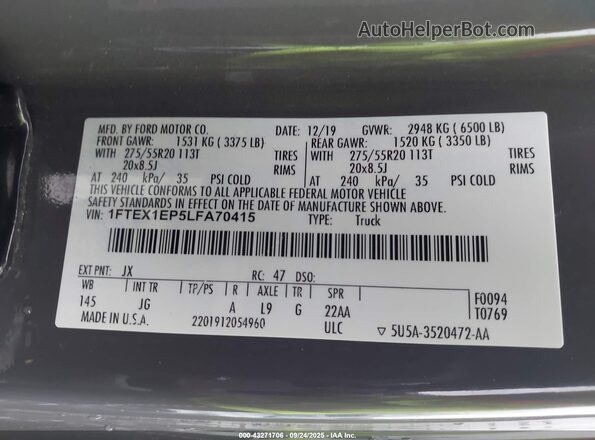 1FTEX1EP5LFA70415 2020 FORD F150 Gray Вид підкапотного простору