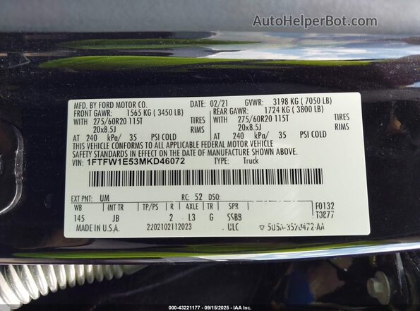 1FTFW1E53MKD46072 2021 FORD F150 Black ძრავის განყოფილების ხედი