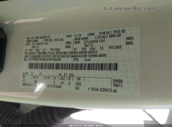 1FTFW1E59LFA76630 2020 FORD F150 White Вид підкапотного простору