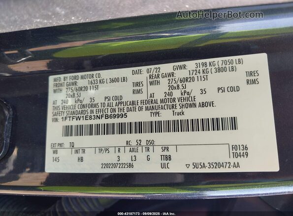 1FTFW1E83NFB69995 2022 FORD F150 Серый Вид подкапотного пространства