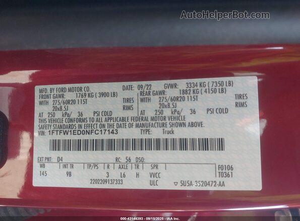 1FTFW1ED0NFC17143 2022 FORD F150 Красный Вид подкапотного пространства