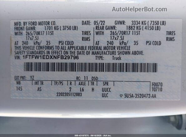 1FTFW1EDXNFB29796 2022 FORD F150 White Vista del compartimento del motor