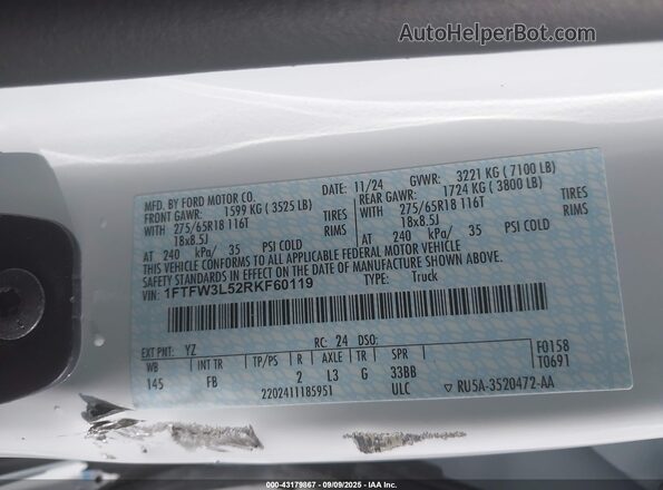1FTFW3L52RKF60119 2024 FORD F150 White Շարժիչի բաժամունքի տեսք