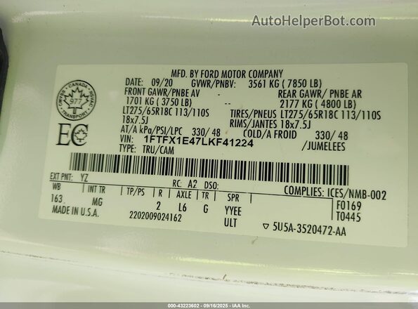1FTFX1E47LKF41224 2020 FORD F150 White Engine compartment view