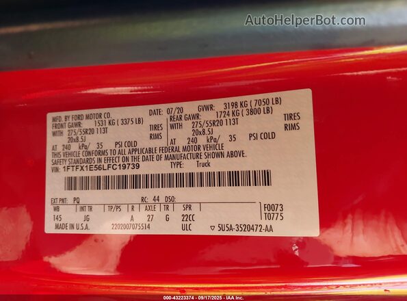 1FTFX1E56LFC19739 2020 FORD F150 Red Вид підкапотного простору