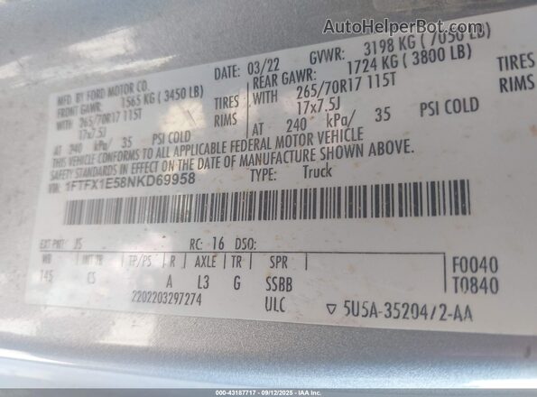 1FTFX1E58NKD69958 2022 FORD F150 Silver Widok naklejki z numerem VIN