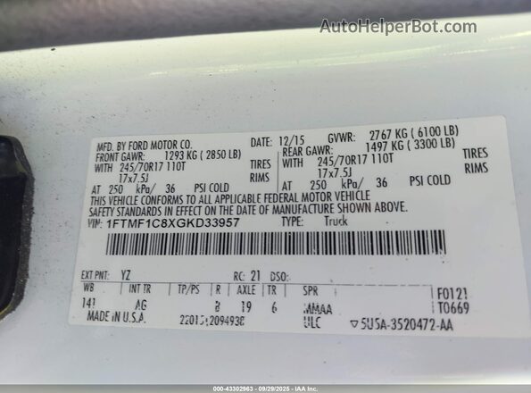 1FTMF1C8XGKD33957 2016 FORD F150 White ძრავის განყოფილების ხედი