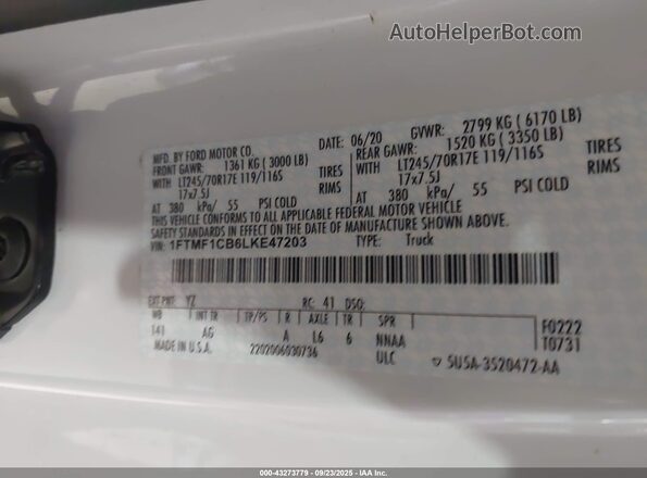 1FTMF1CB6LKE47203 2020 FORD F150 White Вид підкапотного простору