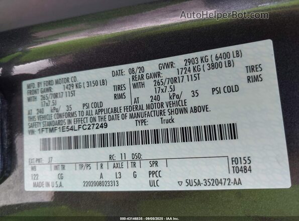1FTMF1E54LFC27249 2020 FORD F150 Gray Շարժիչի բաժամունքի տեսք