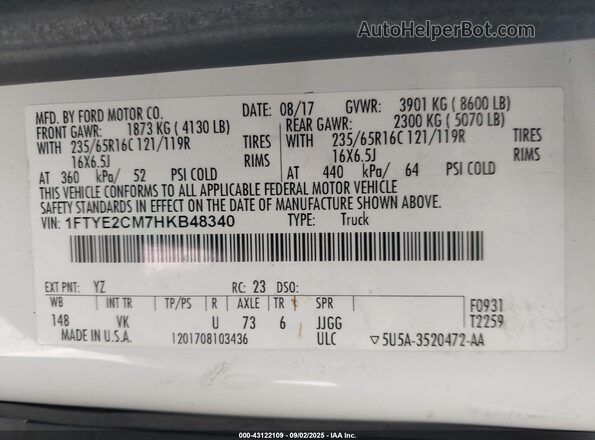 1FTYE2CM7HKB48340 2017 FORD TRANSIT-150 White Engine compartment view