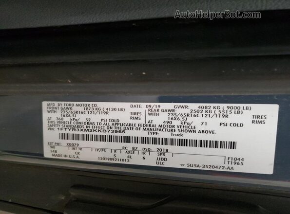 1FTYR3XM2KKB73965 2019 FORD TRANSIT Синий Вид наклейки с VIN-кодом