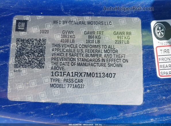 1G1FA1RX7M0113407 2021 CHEVROLET CAMARO Blue 