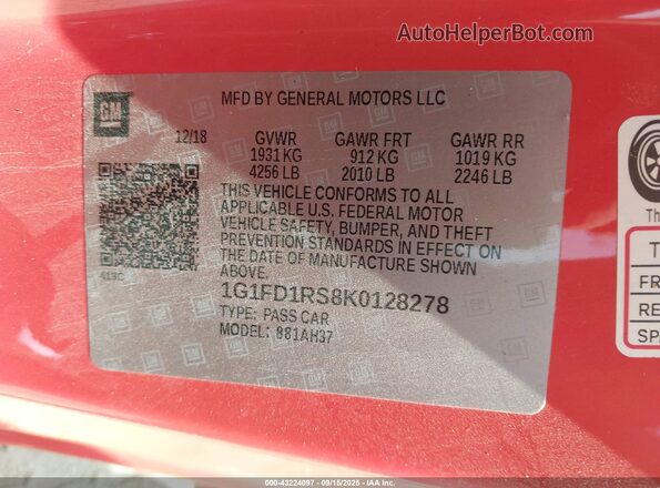 1G1FD1RS8K0128278 2019 CHEVROLET CAMARO Orange Вид підкапотного простору
