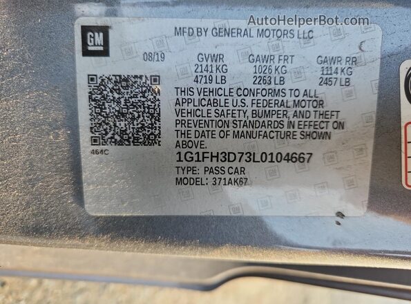 1G1FH3D73L0104667 2020 CHEVROLET CAMARO Gray ძრავის განყოფილების ხედი
