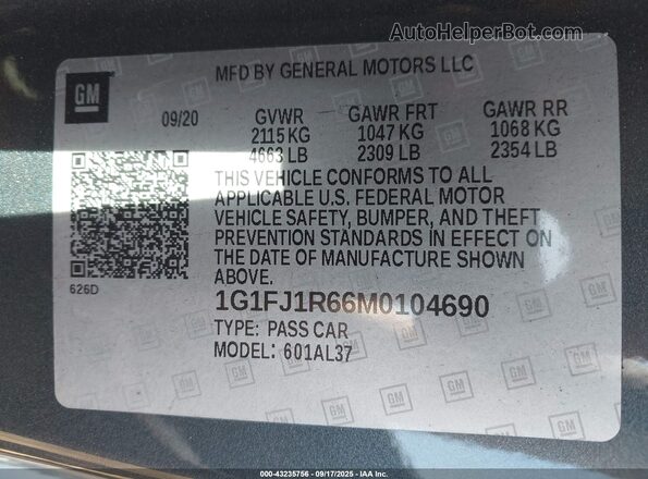 1G1FJ1R66M0104690 2021 CHEVROLET CAMARO Серый 