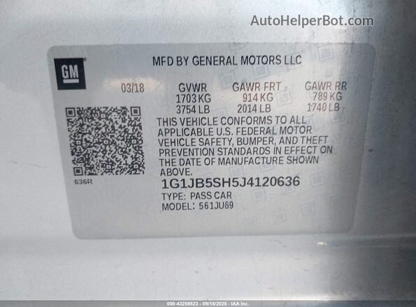 1G1JB5SH5J4120636 2018 CHEVROLET SONIC Silver 