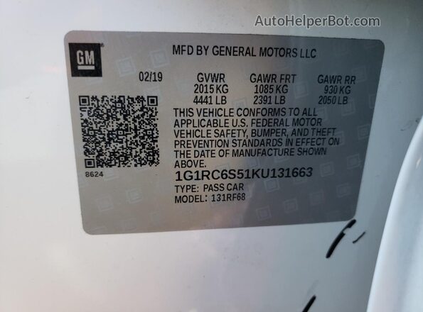 1G1RC6S51KU131663 2019 CHEVROLET VOLT White VIN կոդի պիտակի տեսք