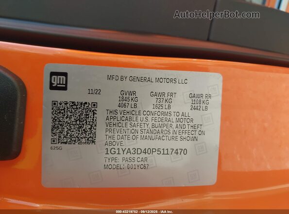 1G1YA3D40P5117470 2023 CHEVROLET CORVETTE Оранжевый 
