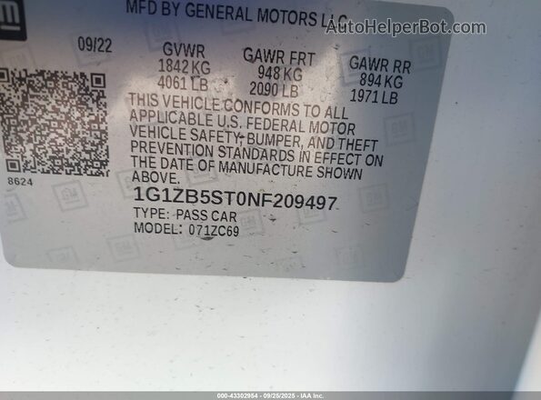 1G1ZB5ST0NF209497 2022 CHEVROLET MALIBU White Вид підкапотного простору