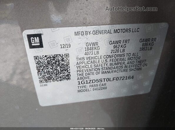 1G1ZD5ST0LF072164 2020 CHEVROLET MALIBU Gray Вид підкапотного простору