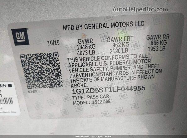 1G1ZD5ST1LF044955 2020 CHEVROLET MALIBU Silver Vista del compartimento del motor
