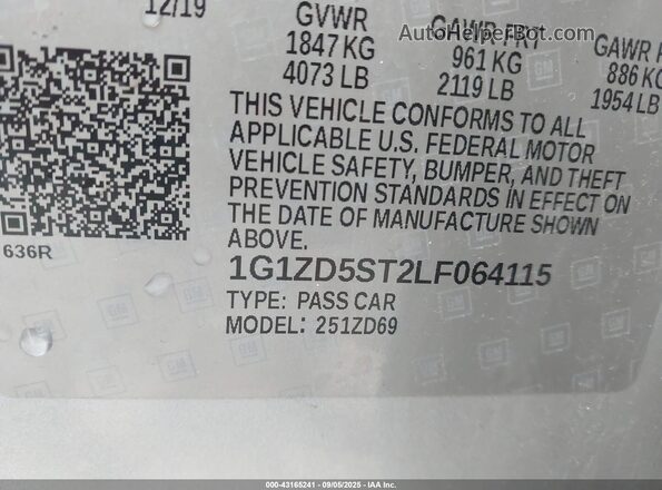 1G1ZD5ST2LF064115 2020 CHEVROLET MALIBU Silver ძრავის განყოფილების ხედი
