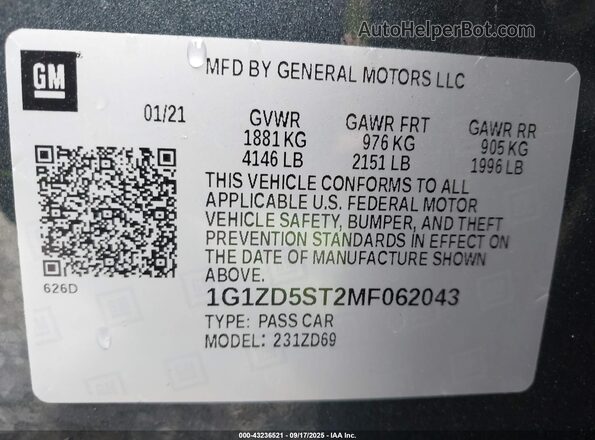 1G1ZD5ST2MF062043 2021 CHEVROLET MALIBU Gray ძრავის განყოფილების ხედი