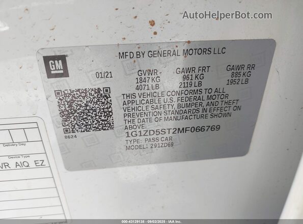 1G1ZD5ST2MF066769 2021 CHEVROLET MALIBU White 