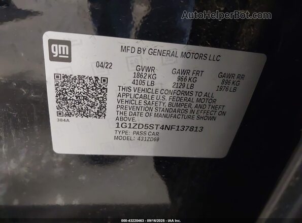 1G1ZD5ST4NF137813 2022 CHEVROLET MALIBU Черный Вид подкапотного пространства