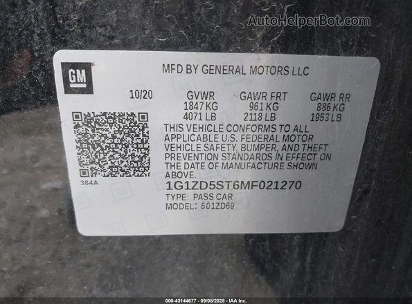 1G1ZD5ST6MF021270 2021 CHEVROLET MALIBU Черный Вид подкапотного пространства