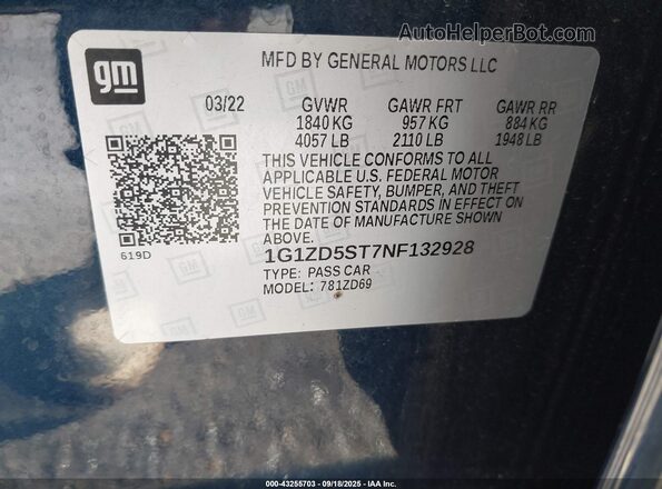 1G1ZD5ST7NF132928 2022 CHEVROLET MALIBU Синий Вид подкапотного пространства