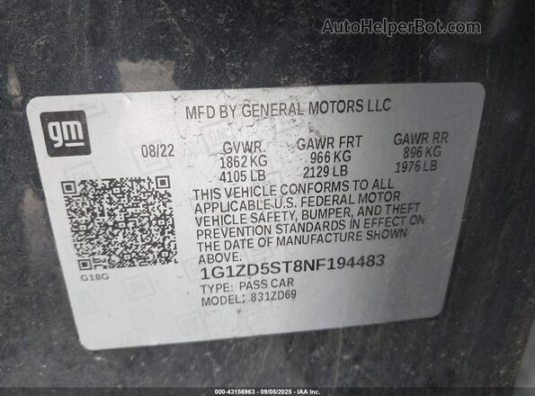 1G1ZD5ST8NF194483 2022 CHEVROLET MALIBU Gray Вид підкапотного простору