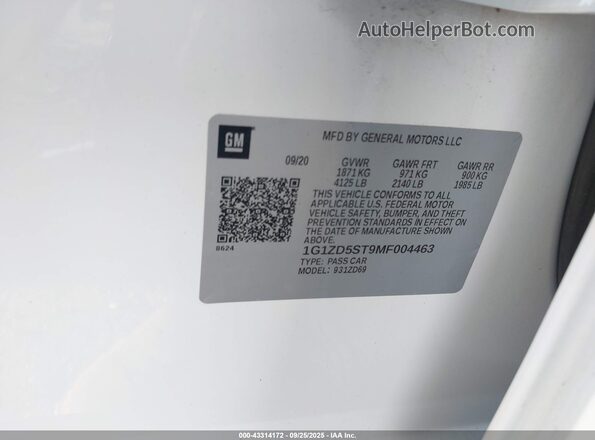 1G1ZD5ST9MF004463 2021 CHEVROLET MALIBU Белый Вид подкапотного пространства