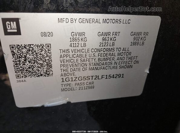 1G1ZG5ST2LF154291 2020 CHEVROLET MALIBU Black Vista del compartimento del motor