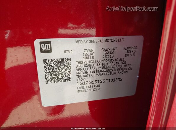 1G1ZG5ST3SF103333 2025 CHEVROLET MALIBU Red Widok komory silnika