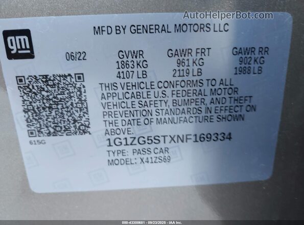 1G1ZG5STXNF169334 2022 CHEVROLET MALIBU Beige Widok komory silnika